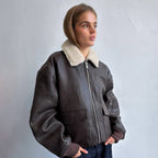 Women's Brown Oversized Leather Bomber Jacket with Faux Shearling Collar
