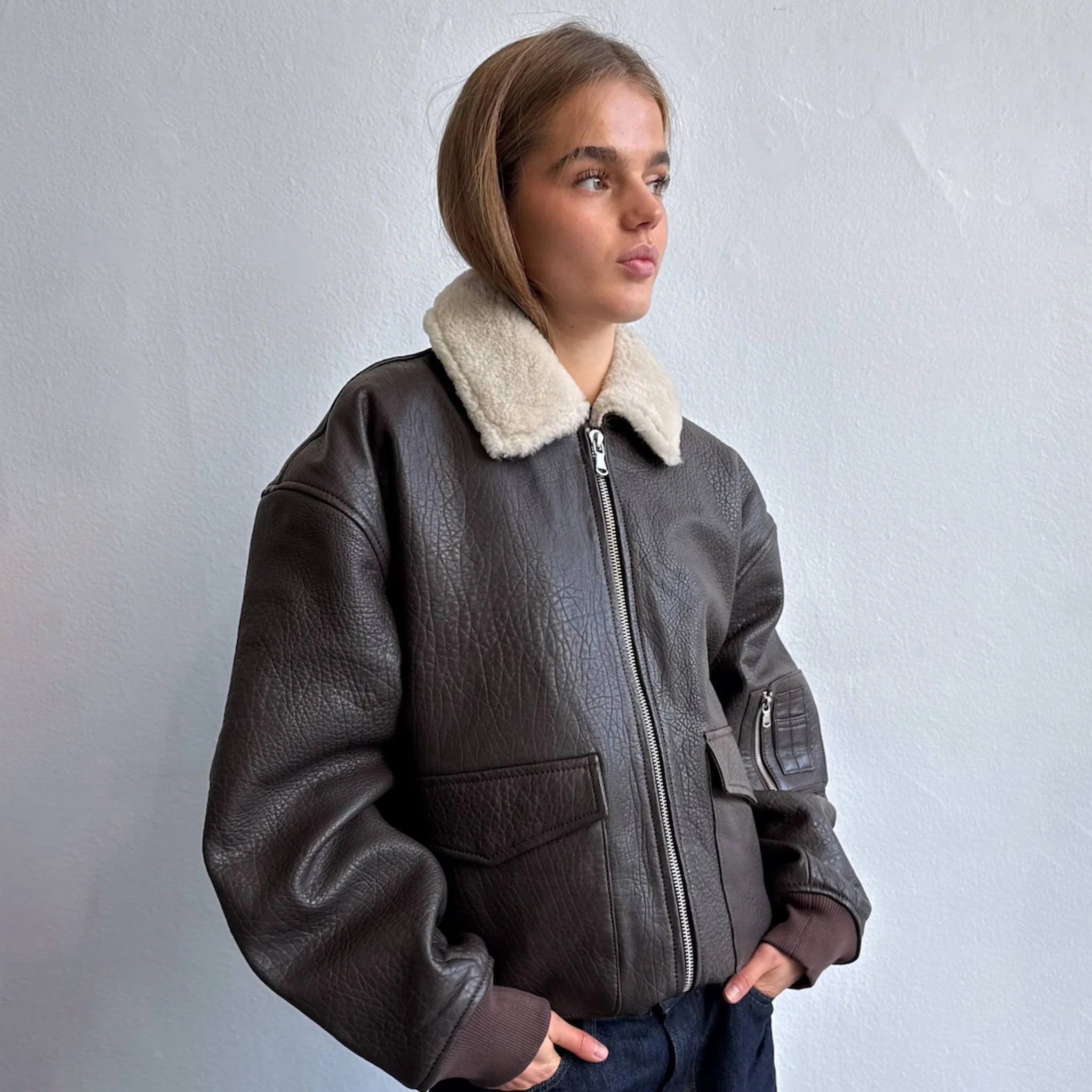 Women's Brown Oversized Leather Bomber Jacket with Faux Shearling Collar