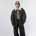 Women's Brown Oversized Leather Bomber Jacket with Faux Shearling Collar