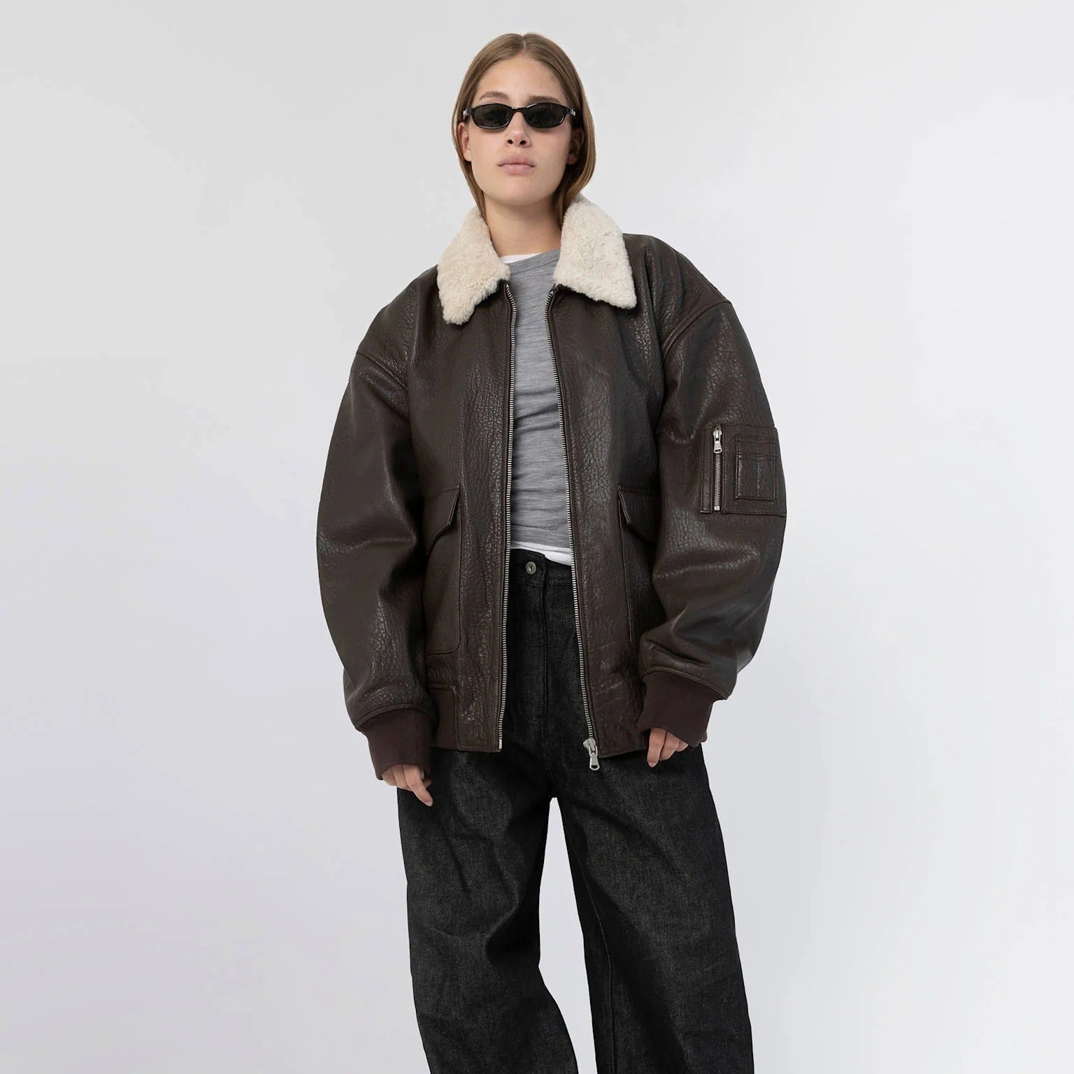 Women's Brown Oversized Leather Bomber Jacket with Faux Shearling Collar