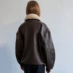 Women's Brown Oversized Leather Bomber Jacket with Faux Shearling Collar