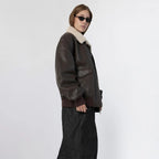 Women's Brown Oversized Leather Bomber Jacket with Faux Shearling Collar