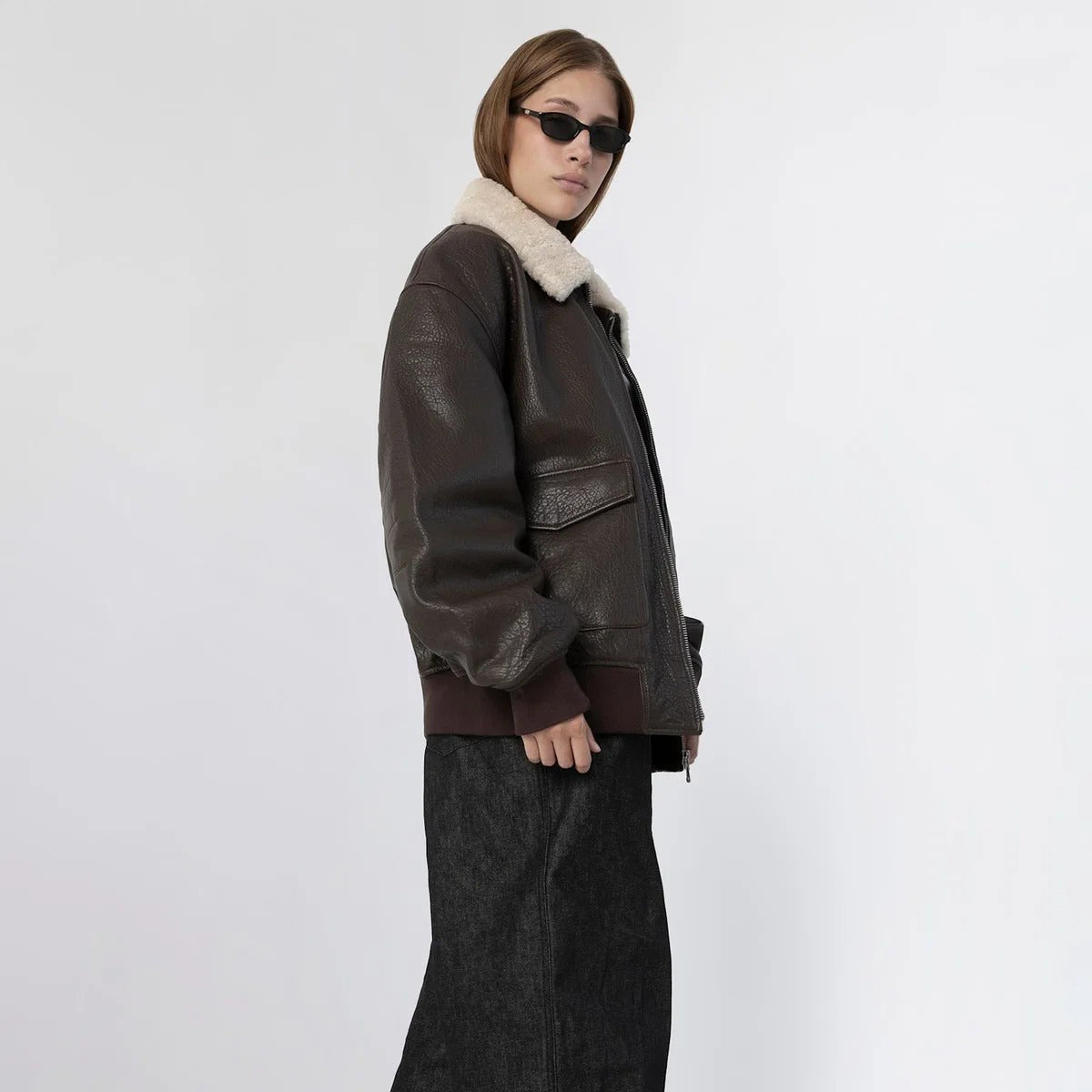 Women's Brown Oversized Leather Bomber Jacket with Faux Shearling Collar
