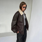 Women's Brown Oversized Leather Bomber Jacket with Faux Shearling Collar