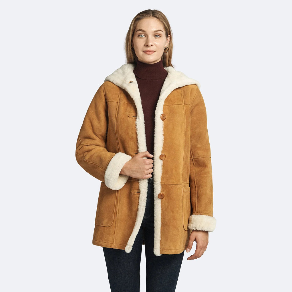 Women's Brown Hooded Sheepskin Leather Shearling Coat