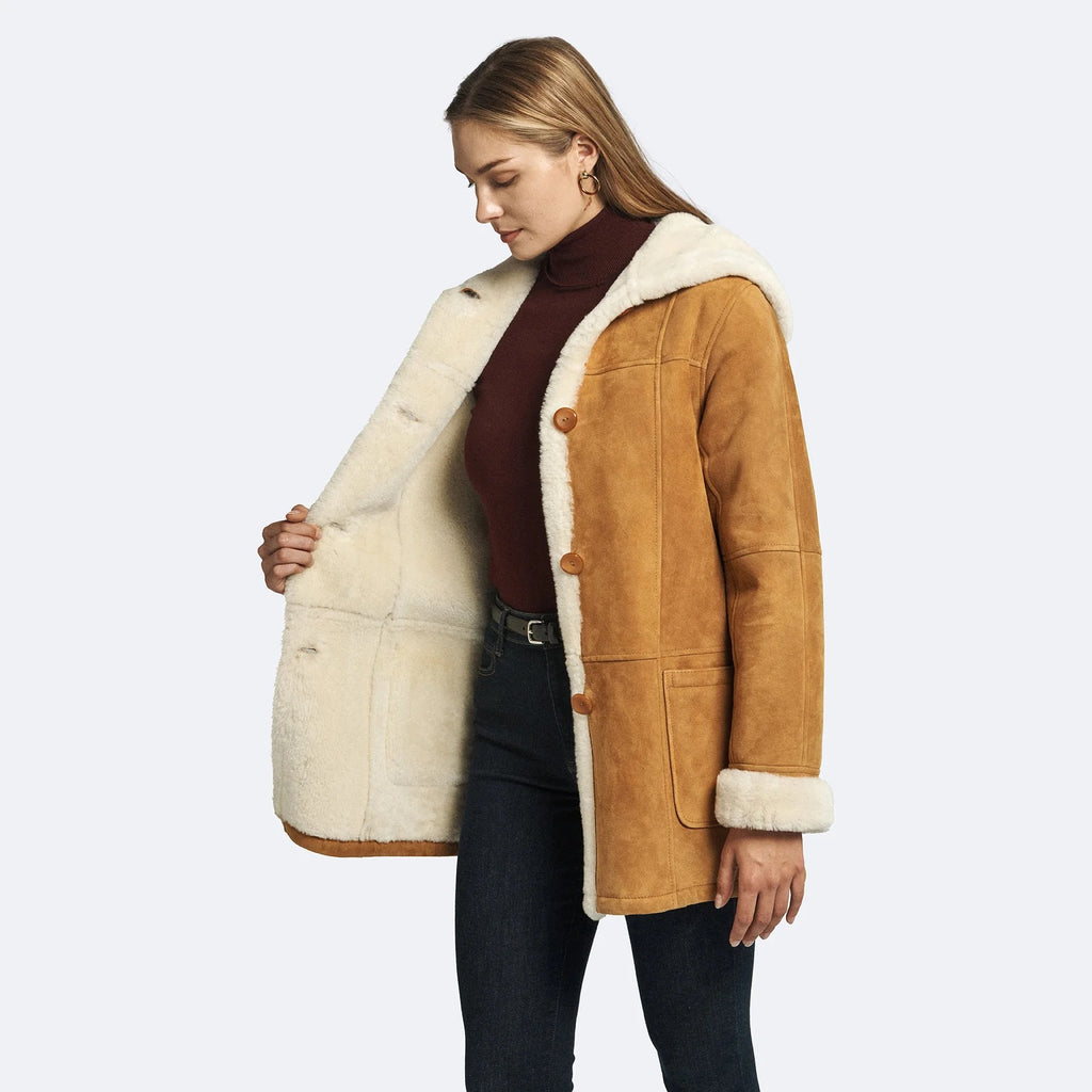 Women's Brown Hooded Sheepskin Leather Shearling Coat