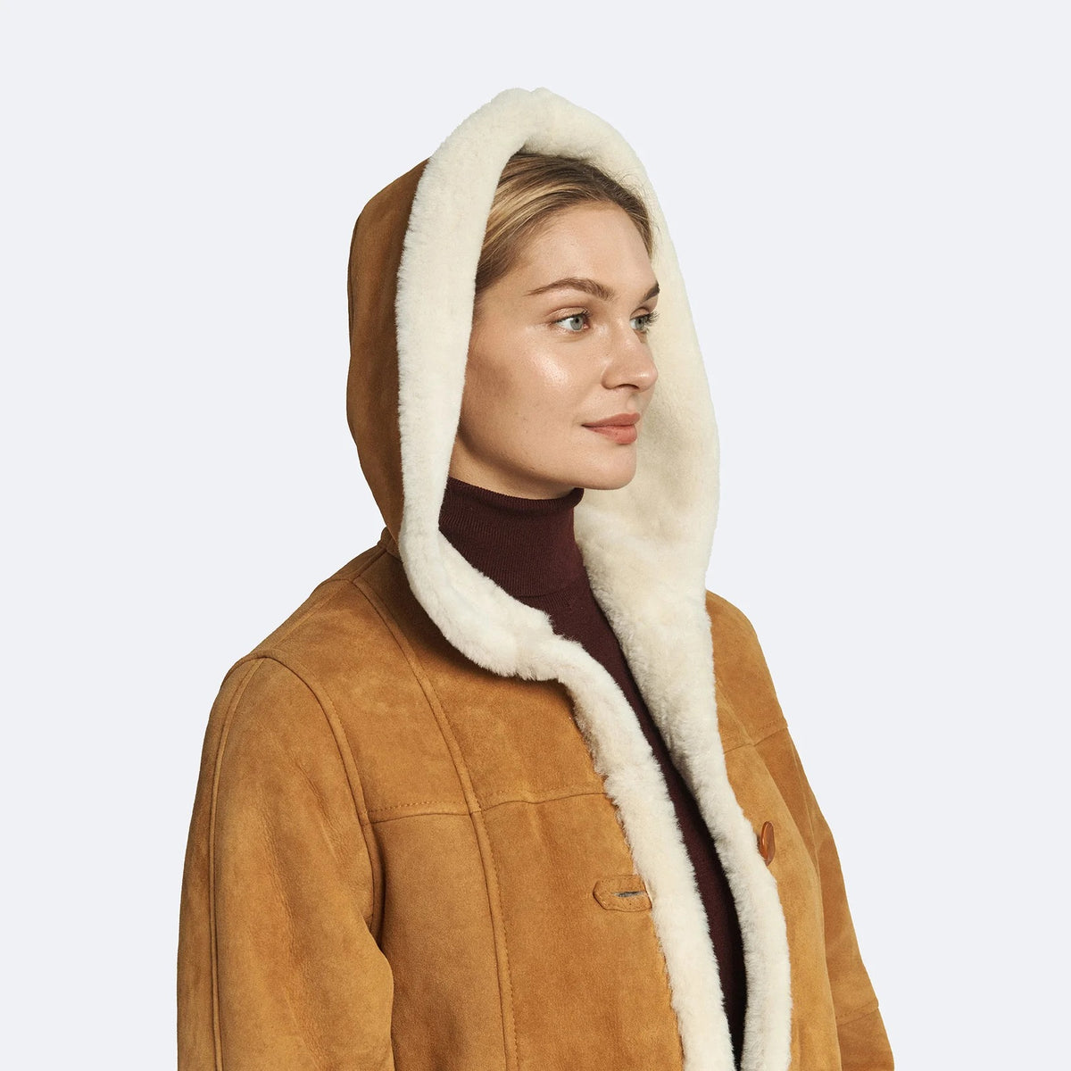 Women's Brown Hooded Sheepskin Leather Shearling Coat