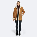 Women's Brown Hooded Sheepskin Leather Shearling Coat