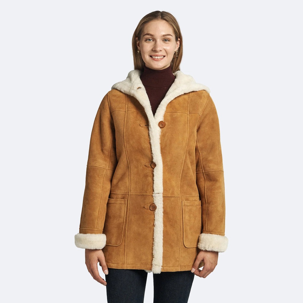Women's Brown Hooded Sheepskin Leather Shearling Coat