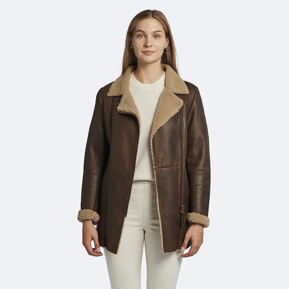 Women's Brown Sheepskin Leather Shearling Coat – Faux-Fur Lining Winter Coat