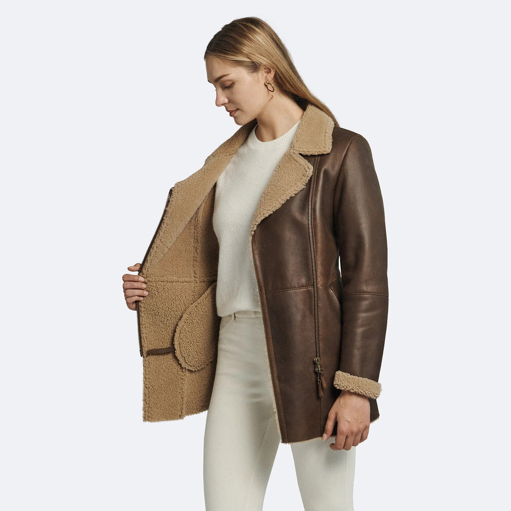 Women's Brown Sheepskin Leather Shearling Coat – Faux-Fur Lining Winter Coat