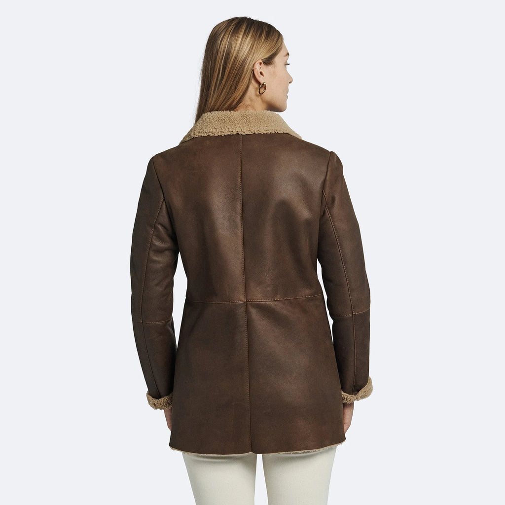 Women's Brown Sheepskin Leather Shearling Coat – Faux-Fur Lining Winter Coat