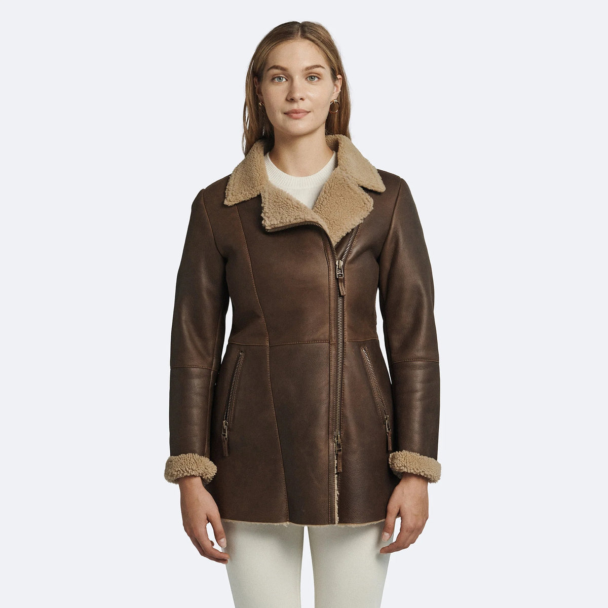 Women's Brown Sheepskin Leather Shearling Coat – Faux-Fur Lining Winter Coat