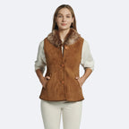 Women's Brown Suede Faux Fur Collar Buttoned Vest