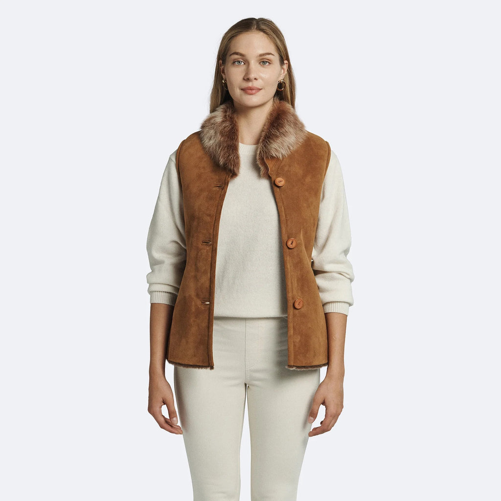 Women's Brown Suede Faux Fur Collar Buttoned Vest