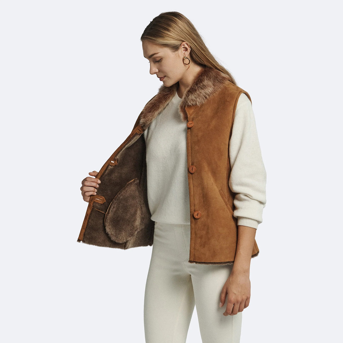 Women's Brown Suede Faux Fur Collar Buttoned Vest