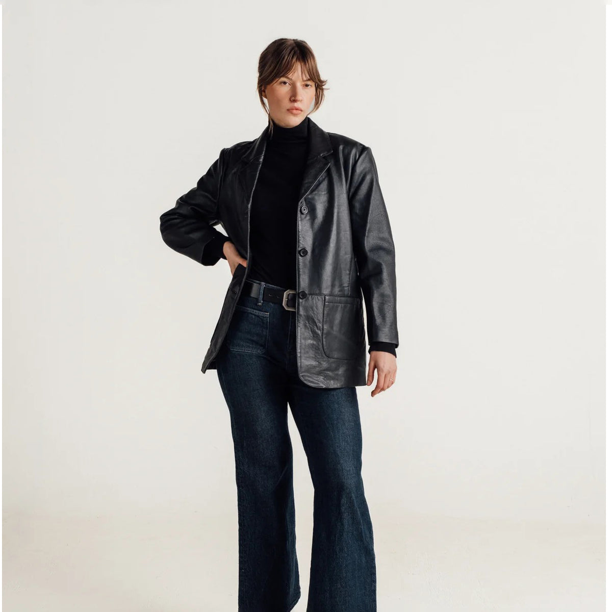 Women's Button-Front Leather Blazer Coat