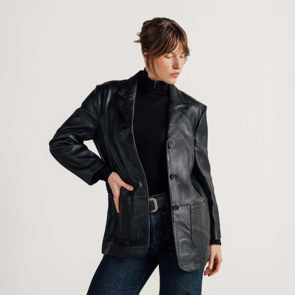 Women's Button-Front Leather Blazer Coat