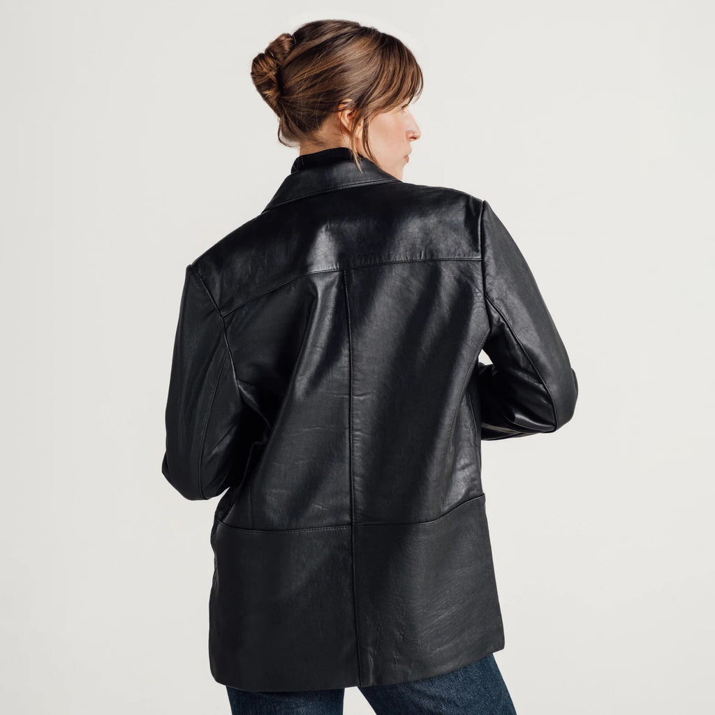 Women's Button-Front Leather Blazer Coat