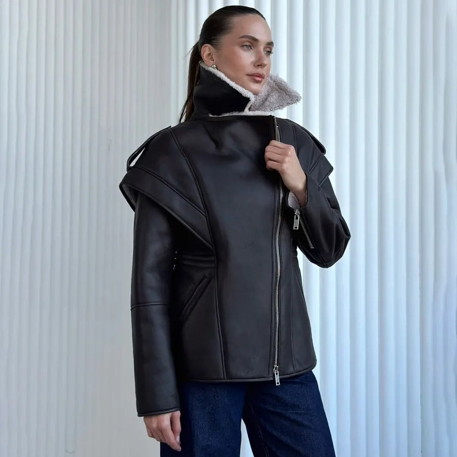 Women's Caped Shoulder Shearling Biker Jacket