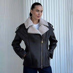 Women's Caped Shoulder Shearling Biker Jacket