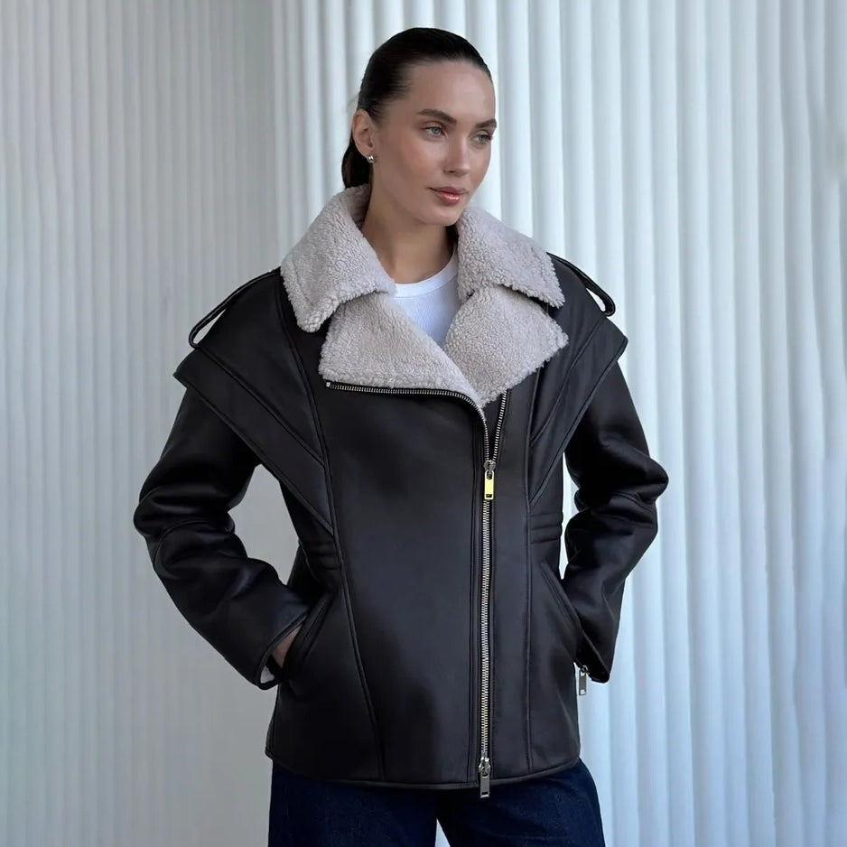 Women's Caped Shoulder Shearling Biker Jacket