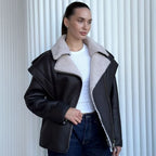 Women's Caped Shoulder Shearling Biker Jacket