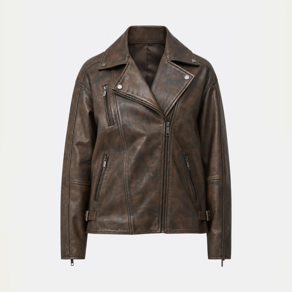 Women's Classic Double-Rider Moto Biker Leather Jacket