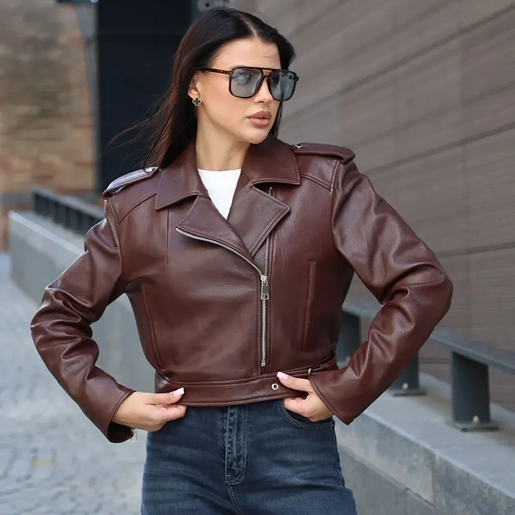 Women's Cropped Asymmetric Leather Biker Jacket