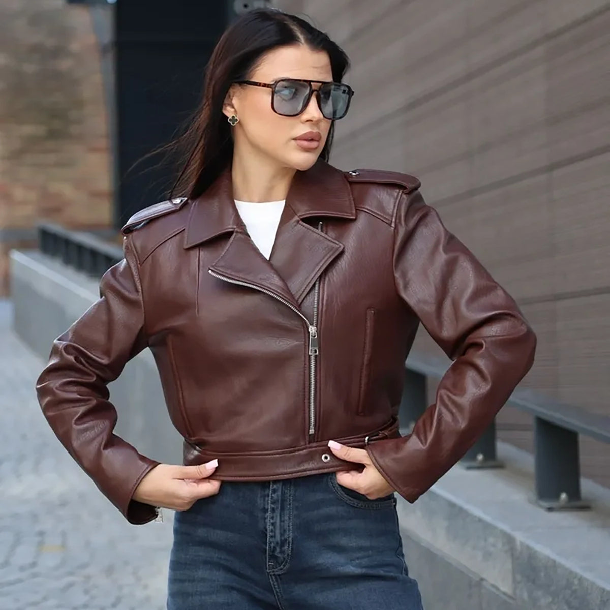 Women's Cropped Asymmetric Leather Biker Jacket