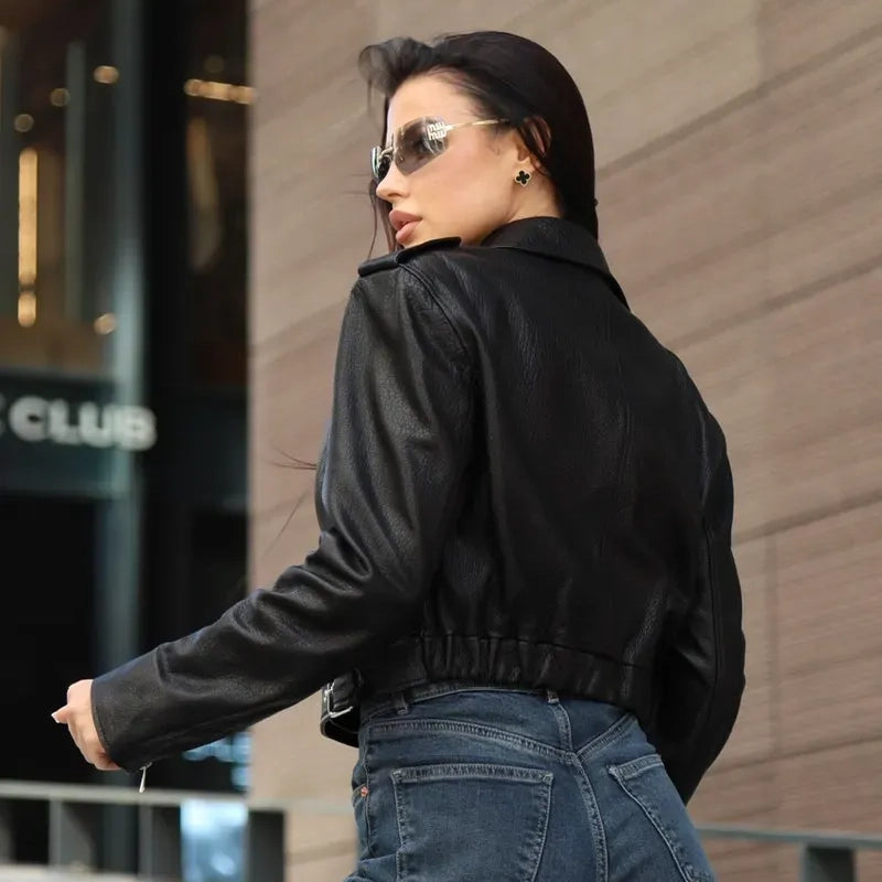 Women's Cropped Asymmetric Leather Biker Jacket