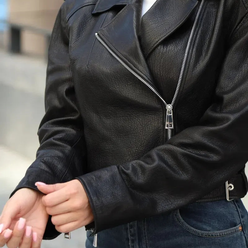 Women's Cropped Asymmetric Leather Biker Jacket