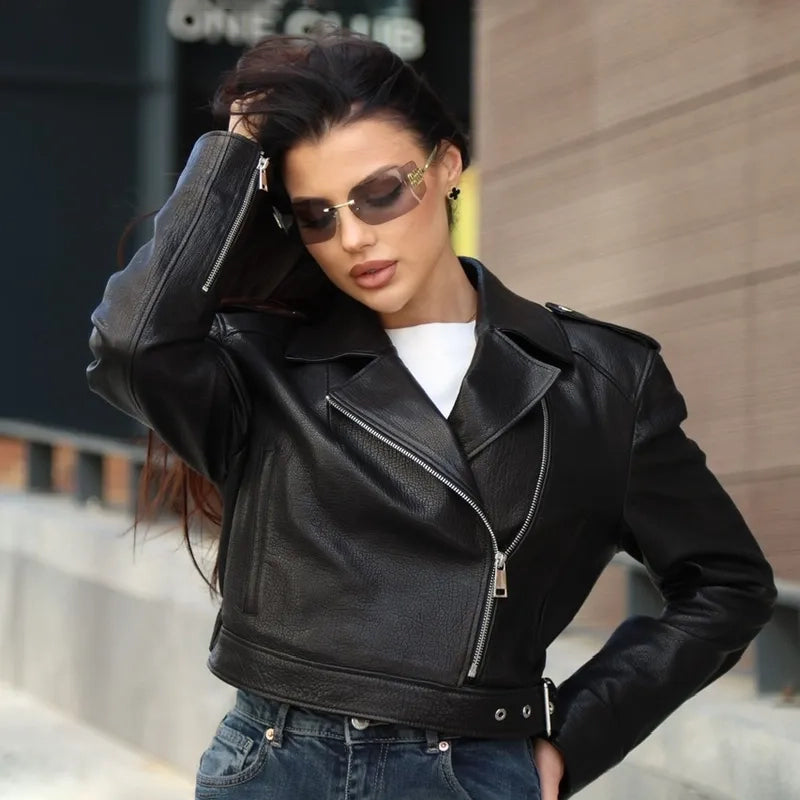 Women's Cropped Asymmetric Leather Biker Jacket