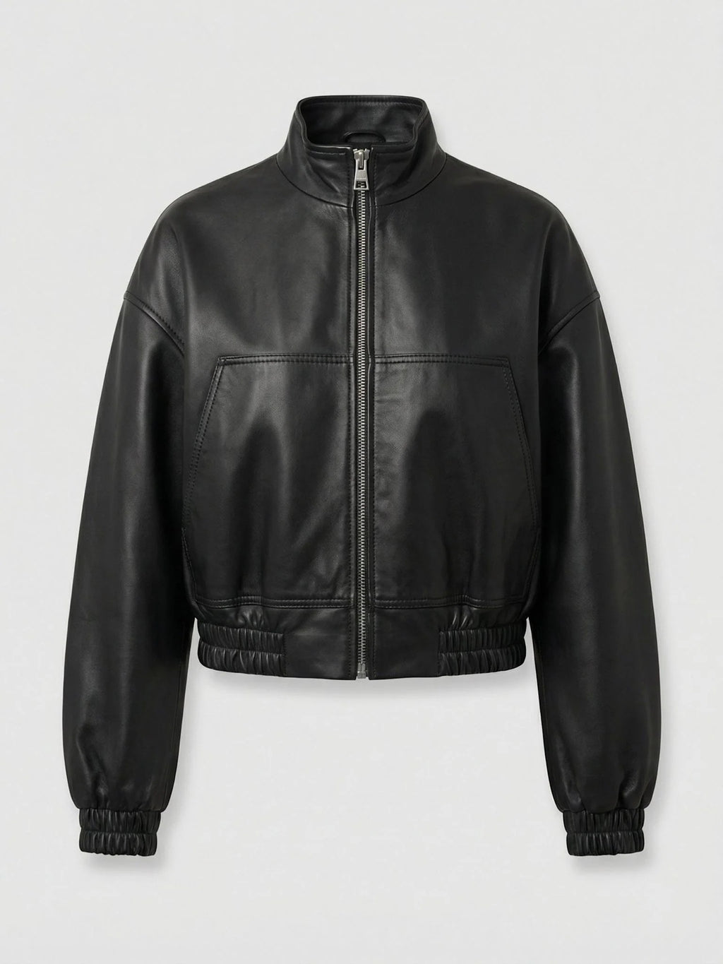 Women's Cropped Black Leather Bomber Jacket with High Collar