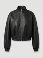 Women's Cropped Black Leather Bomber Jacket with High Collar