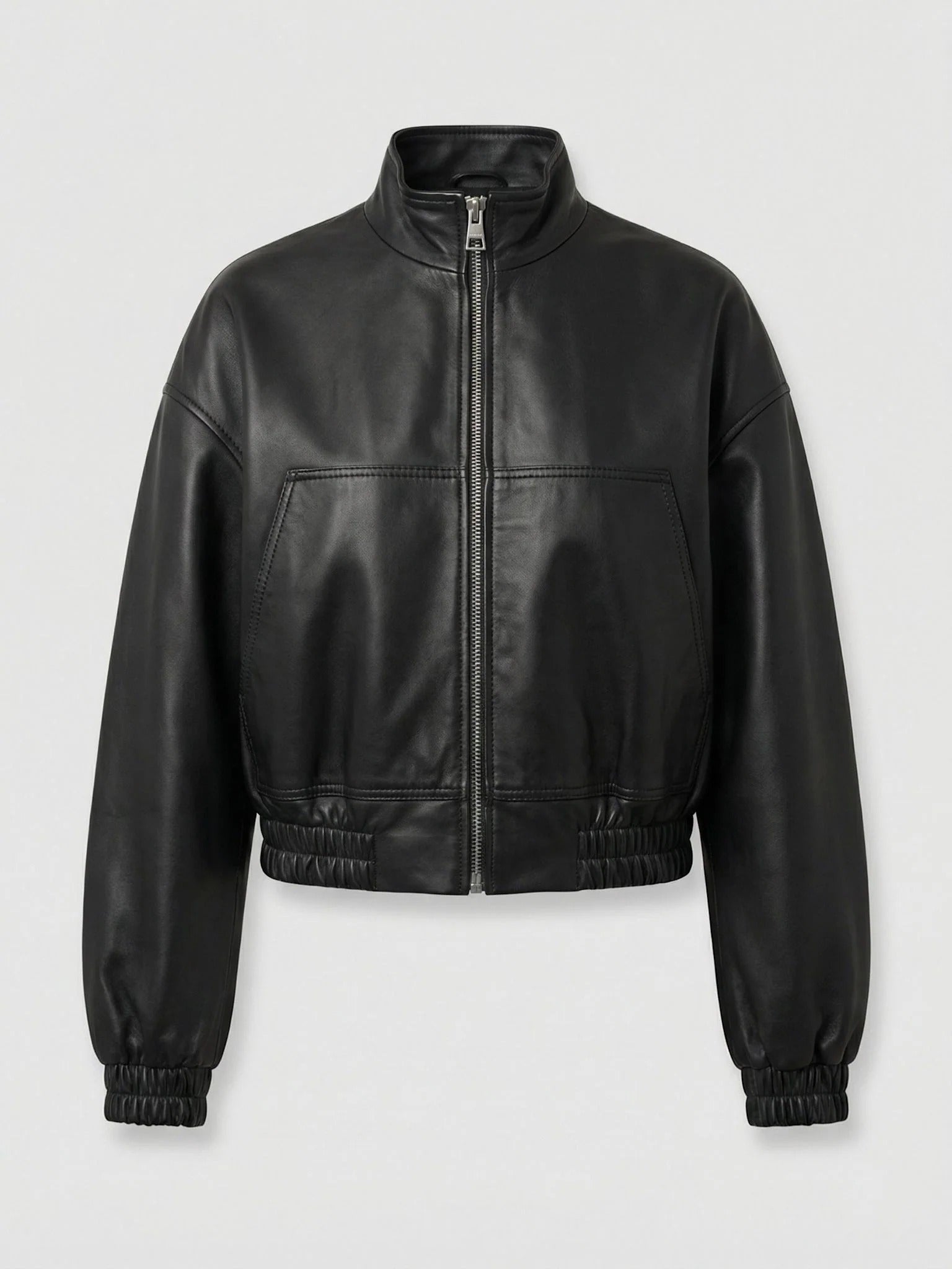 Women's Cropped Black Leather Bomber Jacket with High Collar