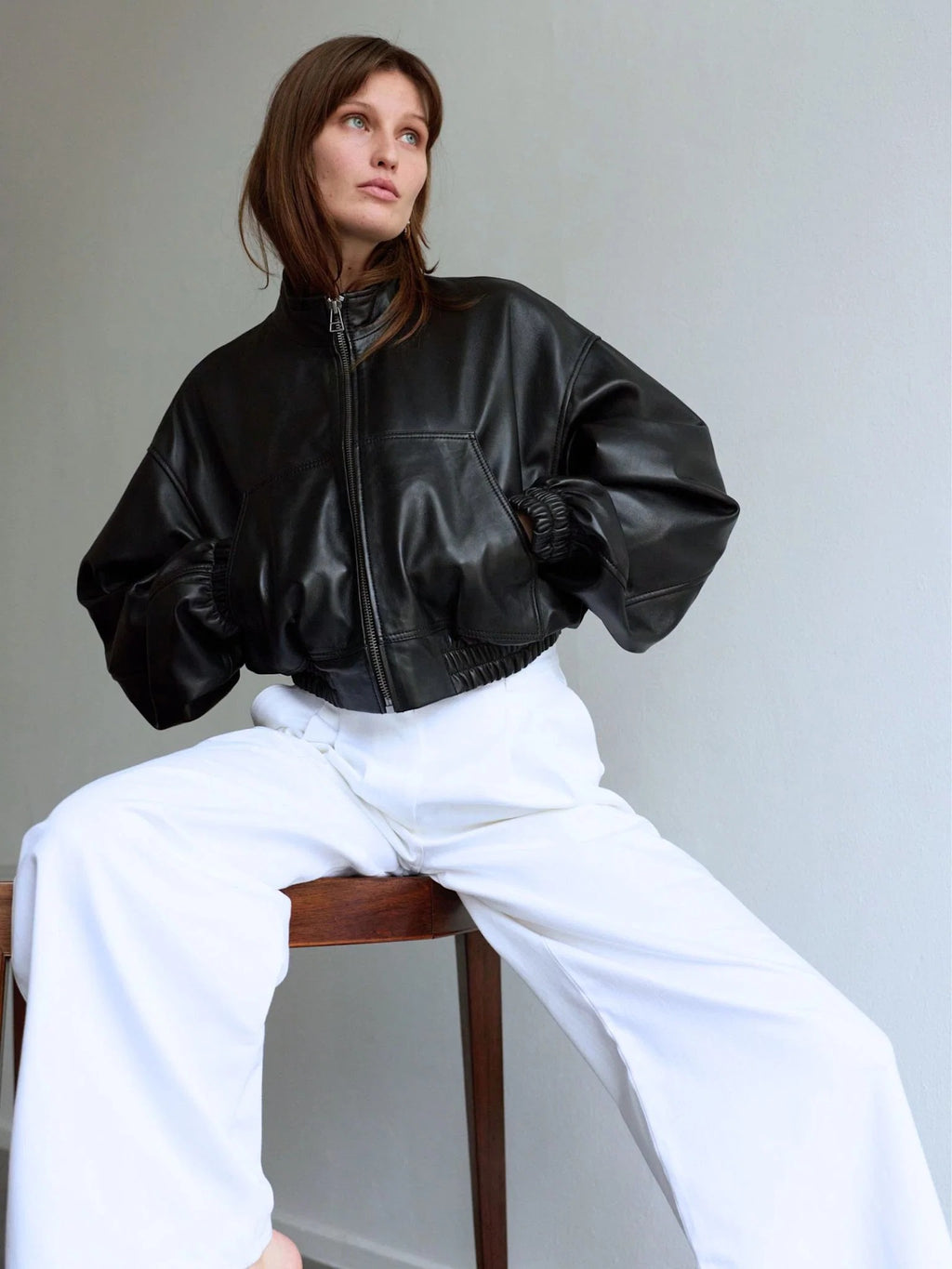 Women's Cropped Black Leather Bomber Jacket with High Collar