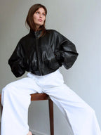 Women's Cropped Black Leather Bomber Jacket with High Collar