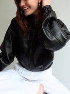 Women's Cropped Black Leather Bomber Jacket with High Collar