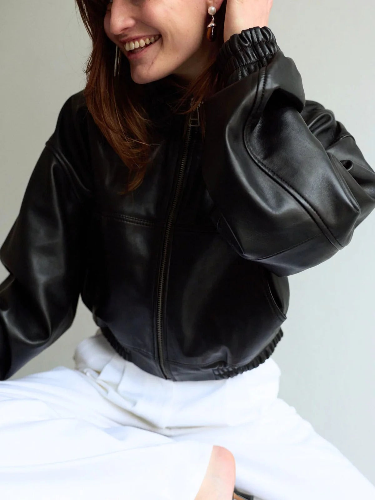 Women's Cropped Black Leather Bomber Jacket with High Collar