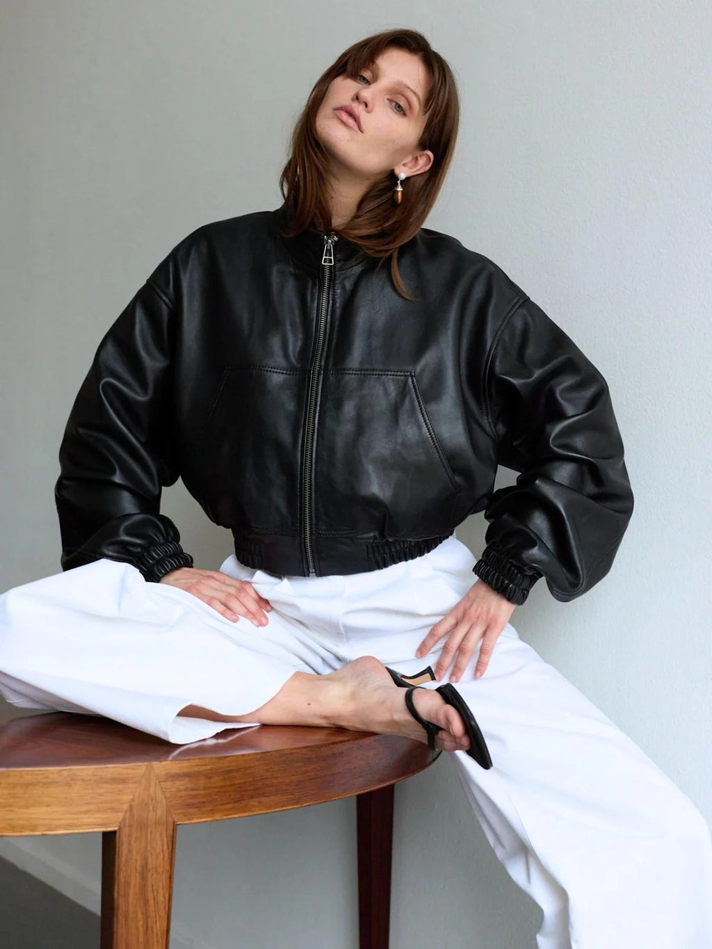Women's Cropped Black Leather Bomber Jacket with High Collar