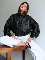 Women's Cropped Black Leather Bomber Jacket with High Collar