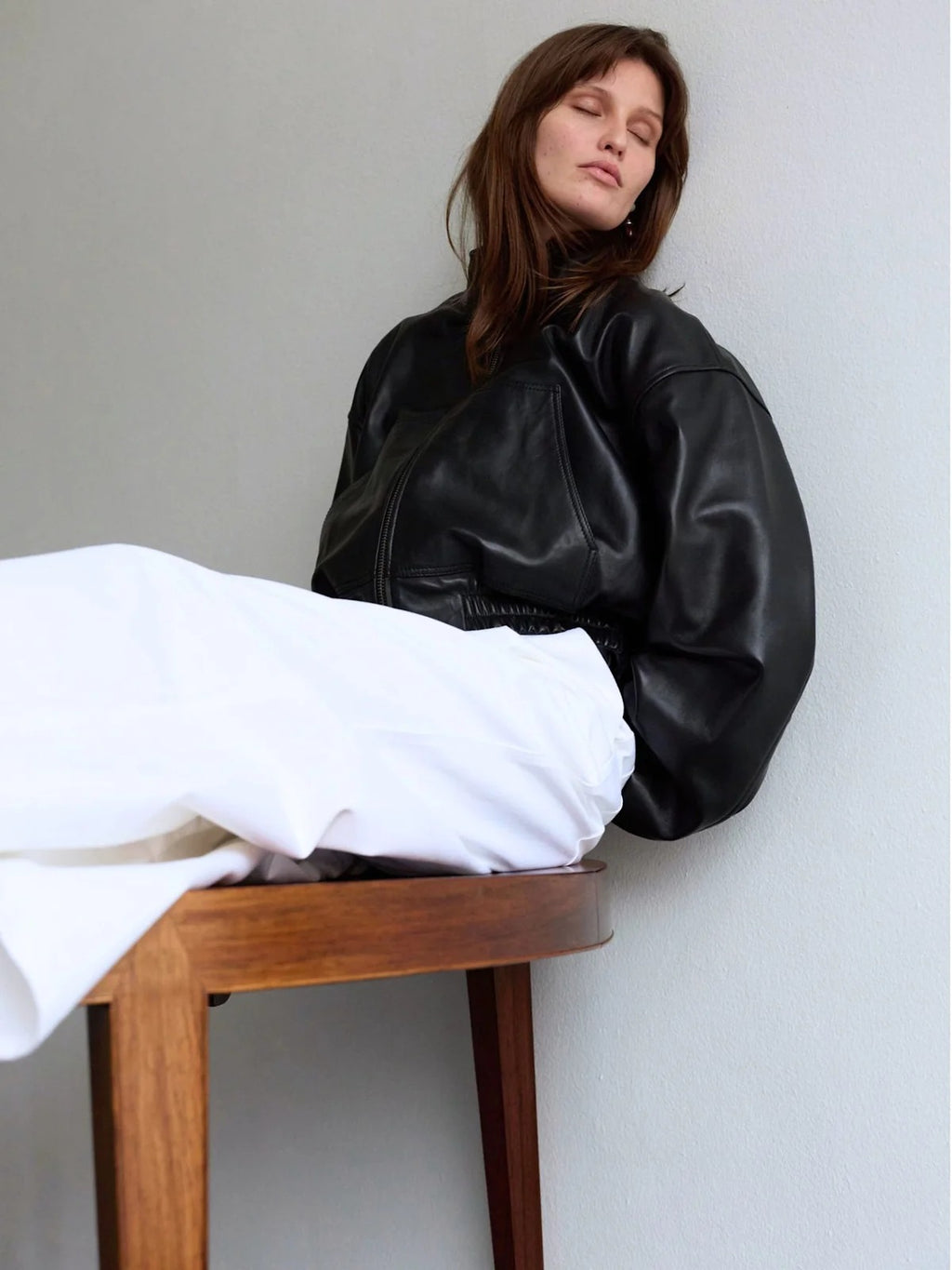 Women's Cropped Black Leather Bomber Jacket with High Collar