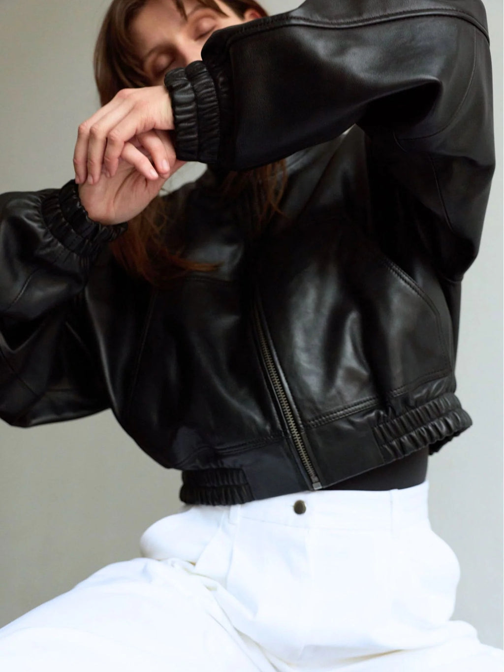Women's Cropped Black Leather Bomber Jacket with High Collar