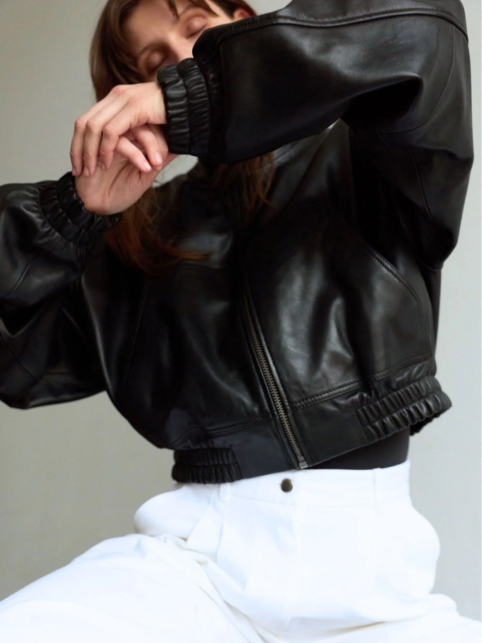 Women's Cropped Black Leather Bomber Jacket with High Collar