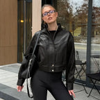Women's Cropped High-Neck Leather Bomber Jacket