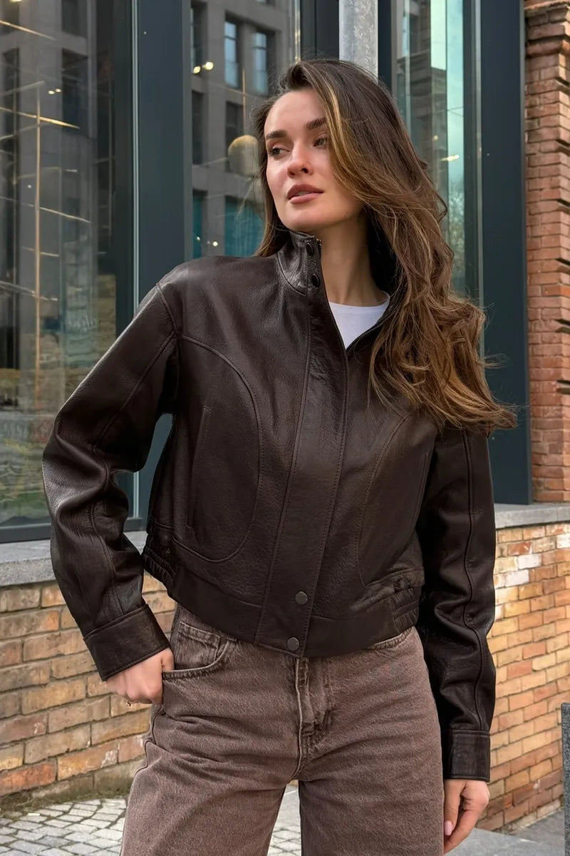 Women's Cropped High-Neck Leather Bomber Jacket
