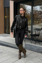 Women's Cropped High-Neck Leather Bomber Jacket