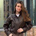 Women's Cropped High-Neck Leather Bomber Jacket