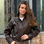 Women's Cropped High-Neck Leather Bomber Jacket